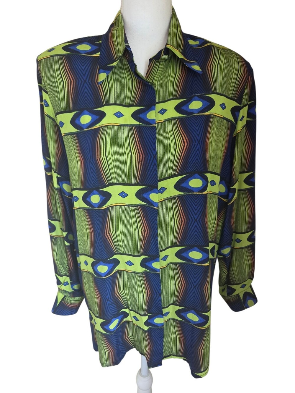 vintage piano 100% silk green blue geometric abstract print blouse size L